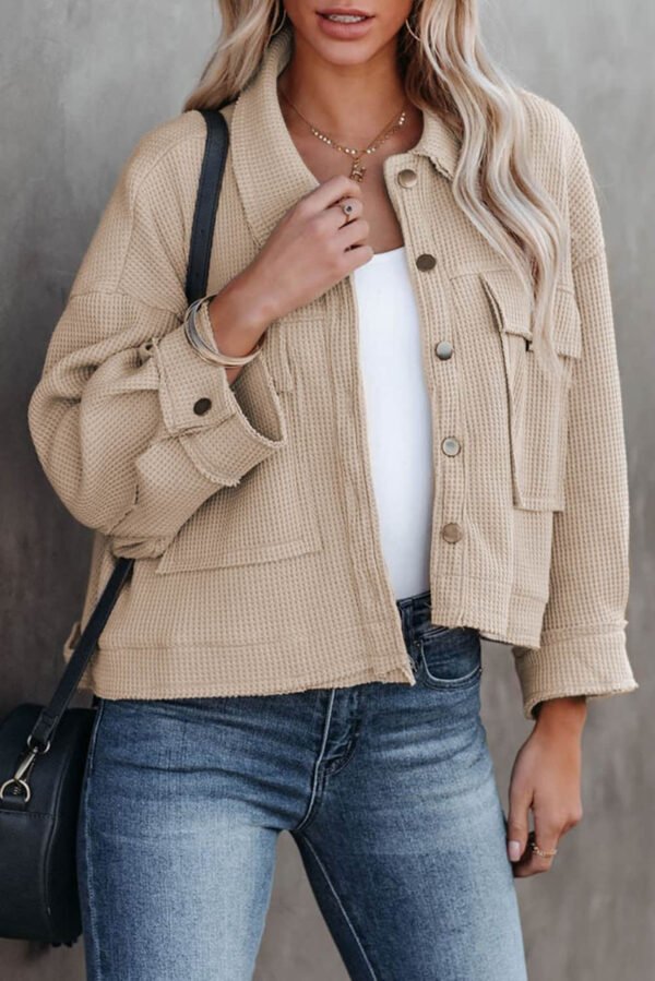 Khaki Waffle Knit Buttons Cropped Jacket with Pockets