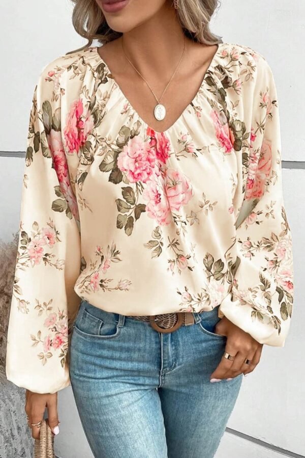 Beige Floral Print Lantern Sleeve V-Neck Blouse