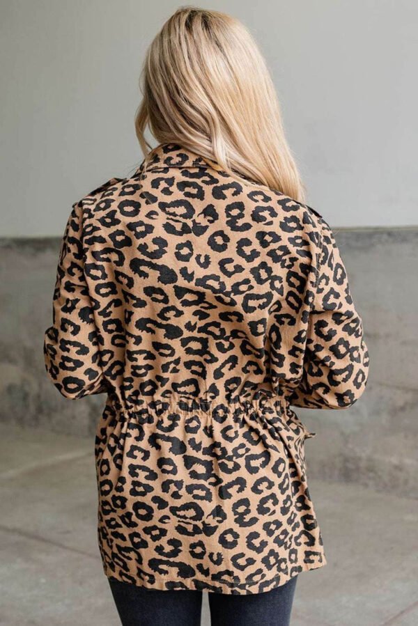 Brown Lapel Collar Zipper Drawstring Leopard Coat