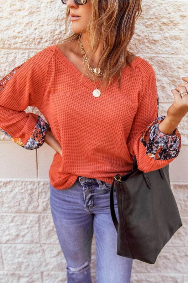 Orange Contrast Eyelet Thermal Knit Top