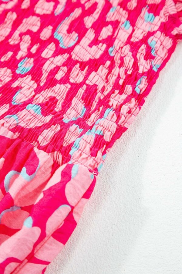 Pink Leopard Ruffle Straps Smocked High Waist Long Dress