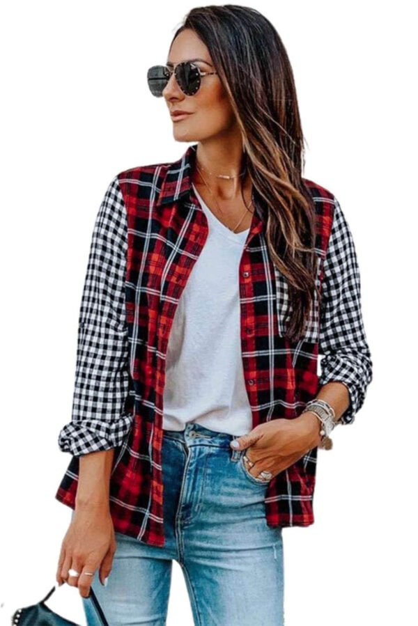 Red Plaid Splicing Hit Color Pockets Turndown Collar Long Sleeve Shirt