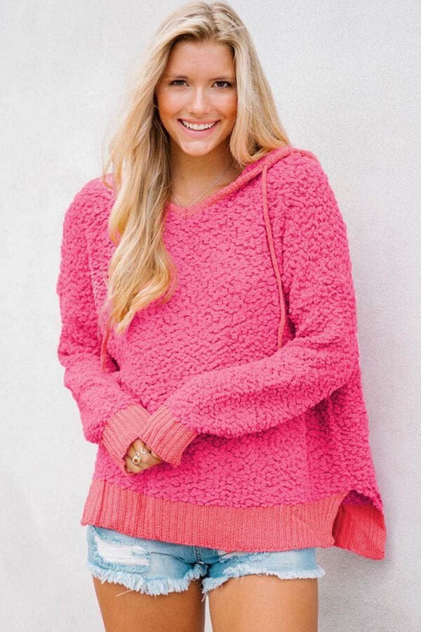 Rose Loose Popcorn Textured Hooded Sweater