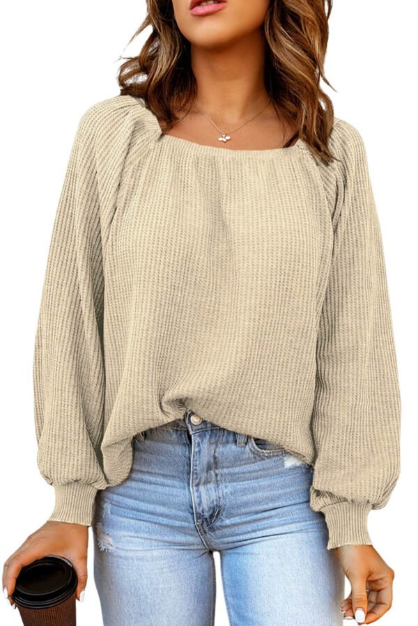 Apricot Scoop Neck Puff Sleeve Waffle Knit Top