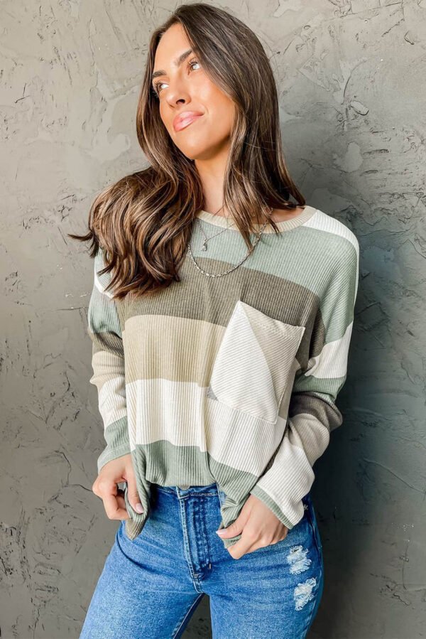 Green Color Block Ribbed Long Sleeve Top with Pocket