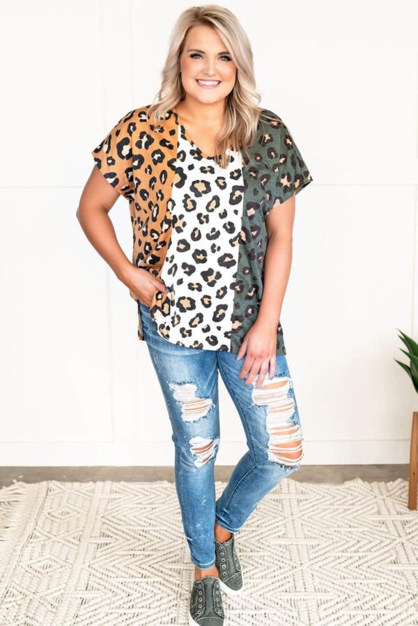 Yellow Plus Size Leopard Print Contrast T-Shirt