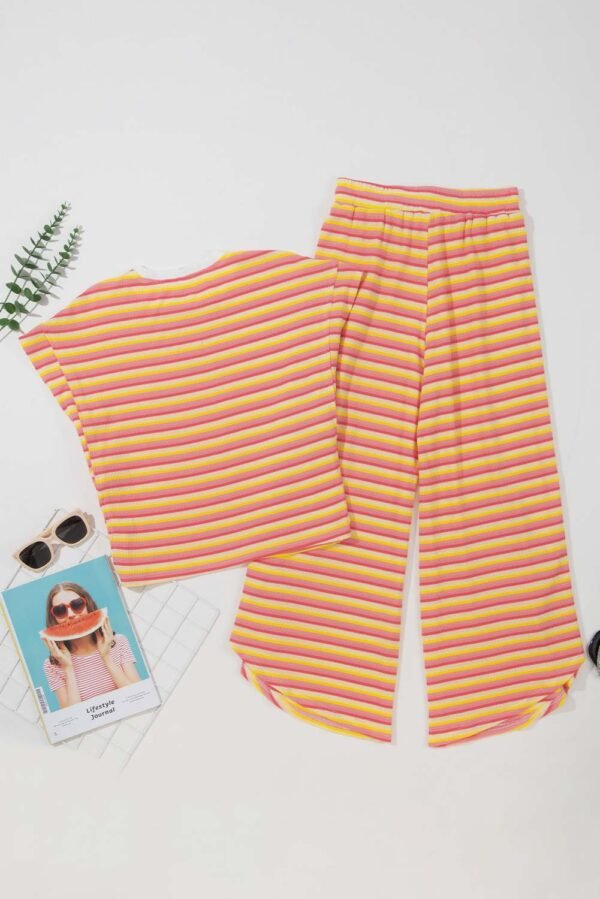 Yellow Stripe Rainbow Tee Tasseled String Wide Leg Pants Set