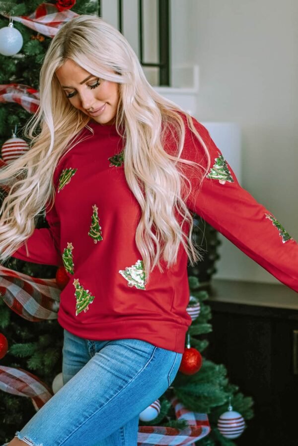 Fiery Red Sequined Christmas Tree Raglan Sleeve Sweatshirt