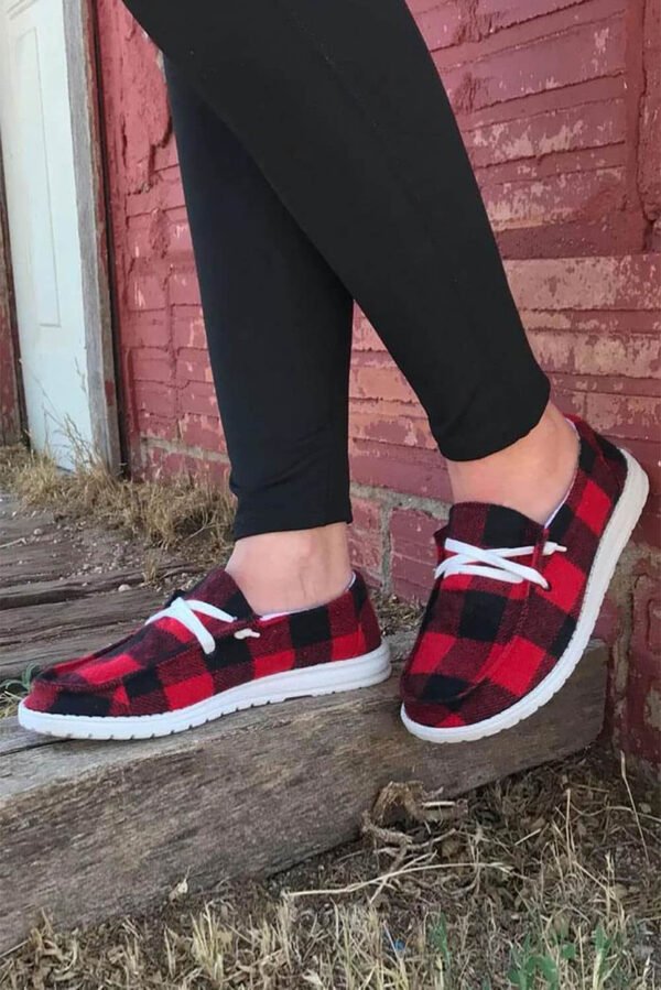 Red Vintage Plaid Lacing Decor Flat Shoes