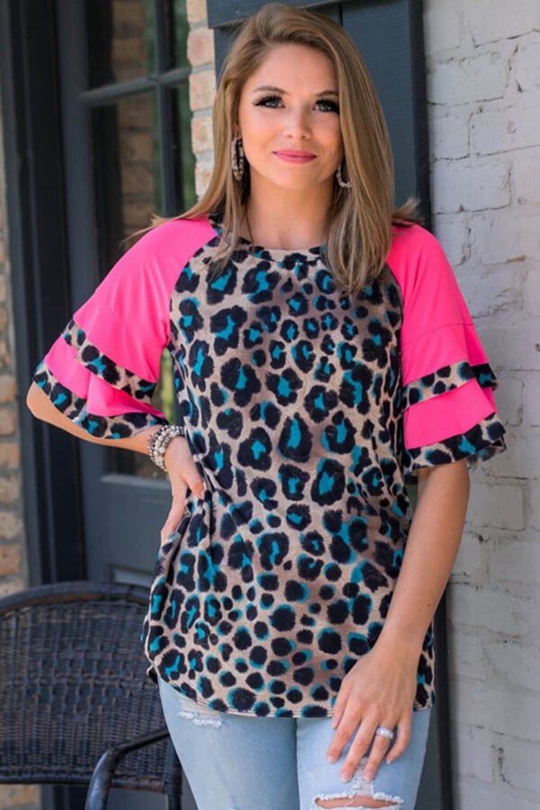 Layered Ruffle Sleeves Patchwork Leopard Print Blouse