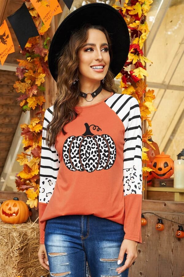 Orange Leopard Pumpkin Graphic Contrast Long Sleeve Top