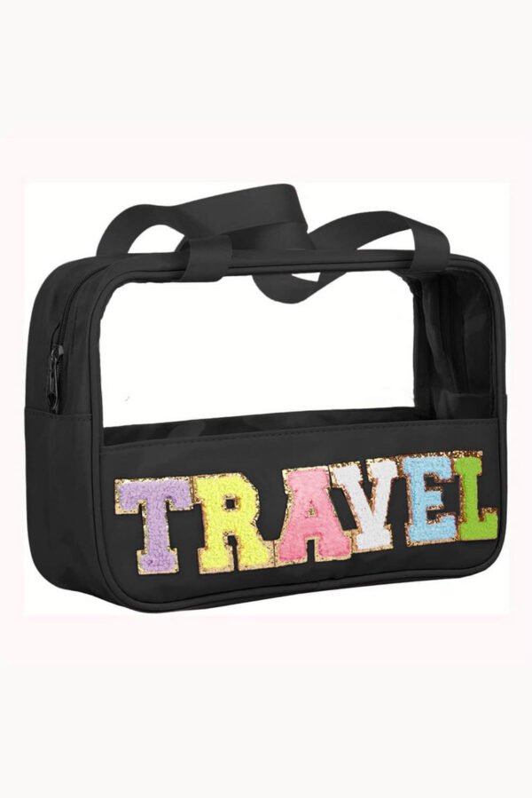 Black TRAVEL Chenille Letter Clear PVC Makeup Bag