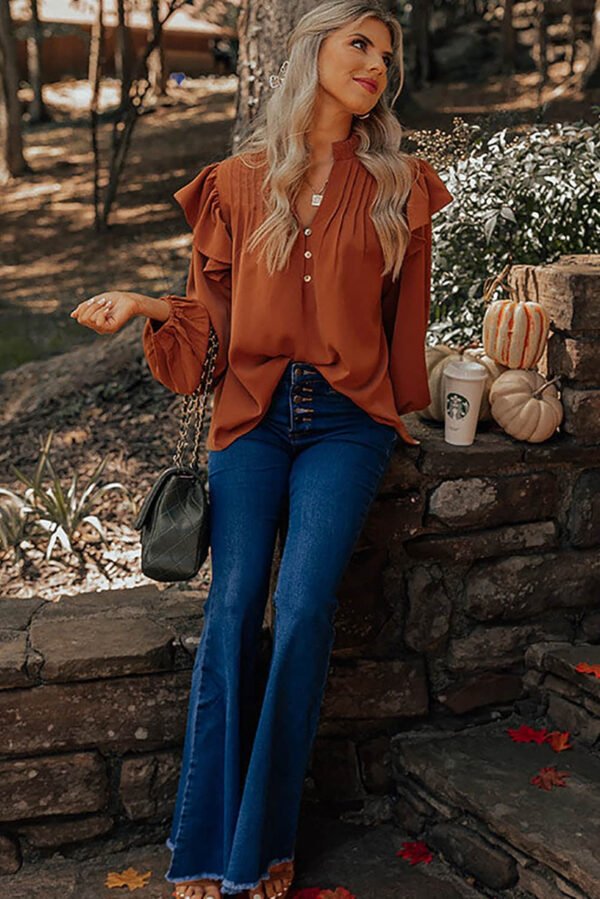 Orange Ruffled Pleated Buttoned V Neck Blouse