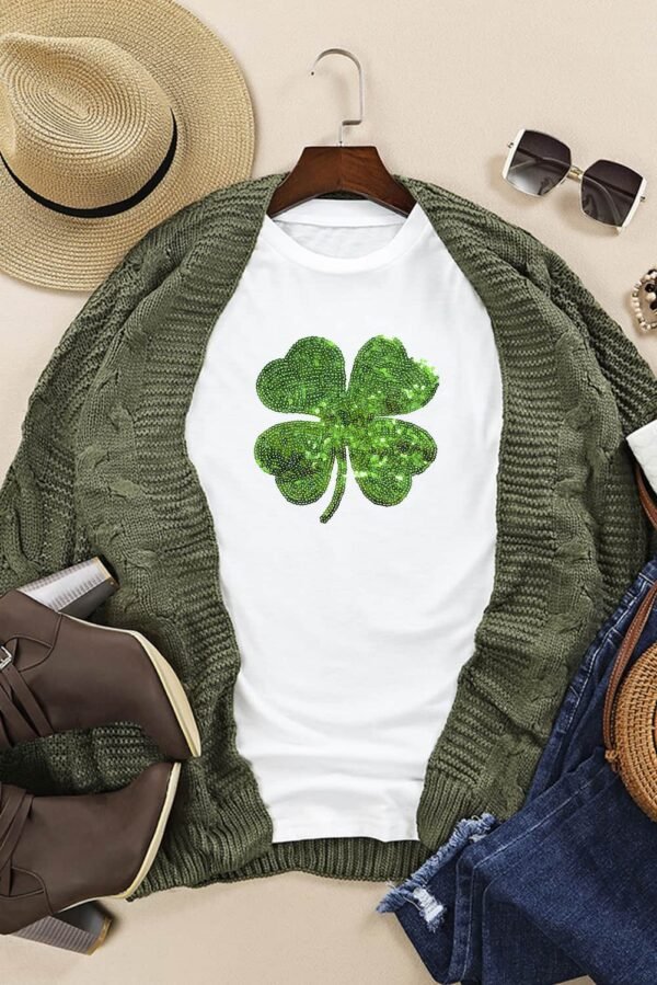 White Sequin Clover Patch Graphic St Patrick Fashion Tee