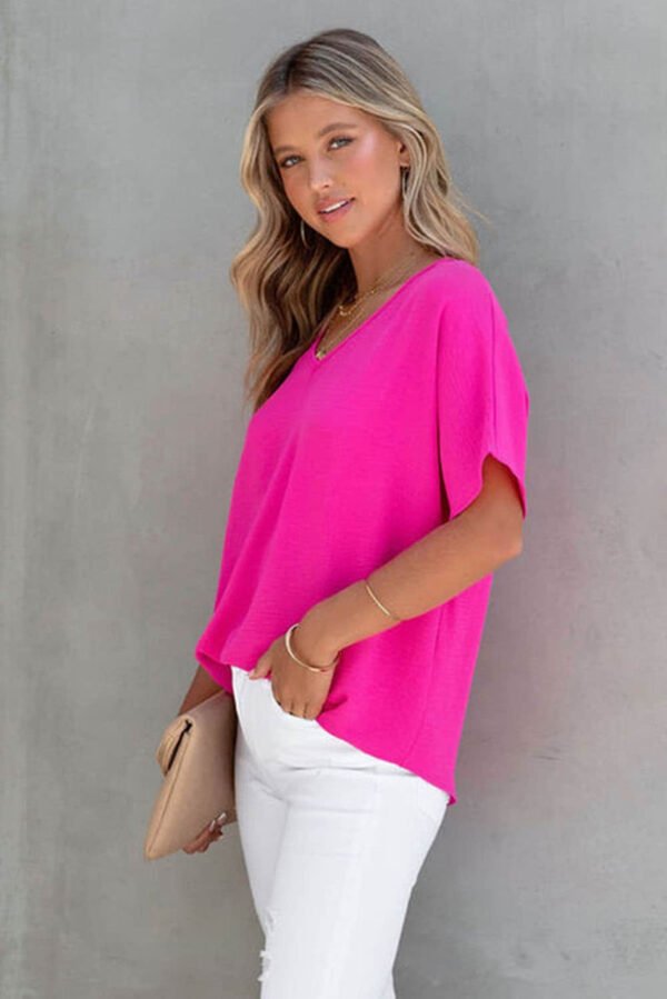 Rose Solid V Neck Short Sleeve Blouse