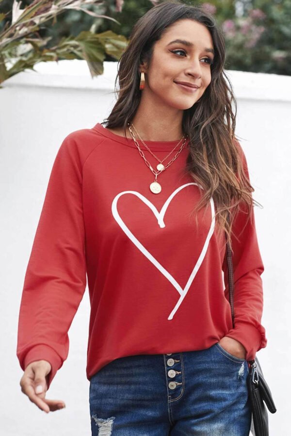 Red Heart Shape Print Long Sleeve Pullover Sweatshirt