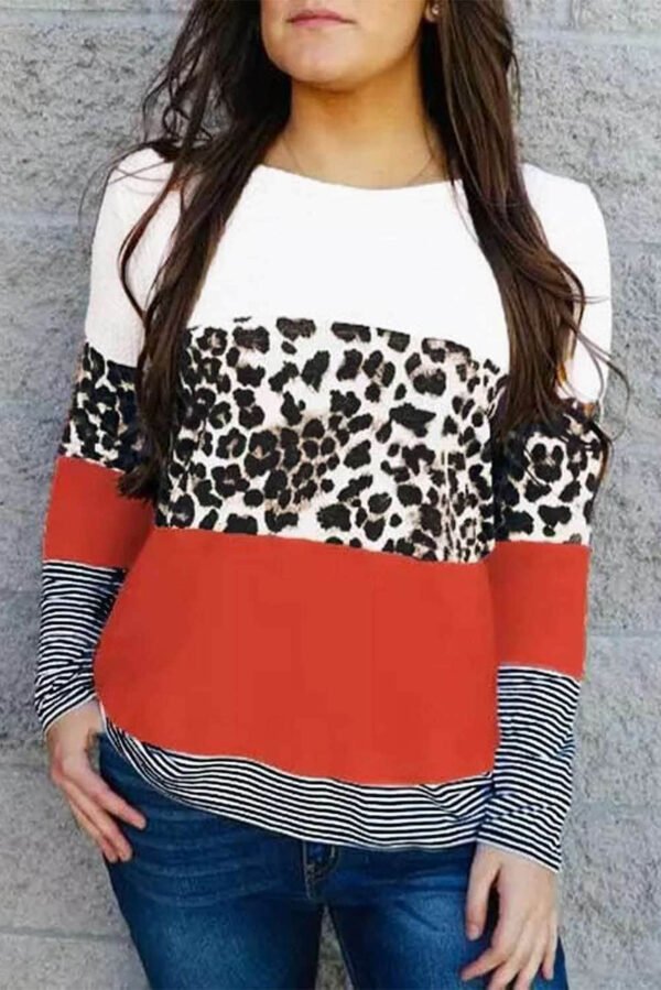 Orange Stripes Leopard Splicing Colorblock Long Sleeve Top