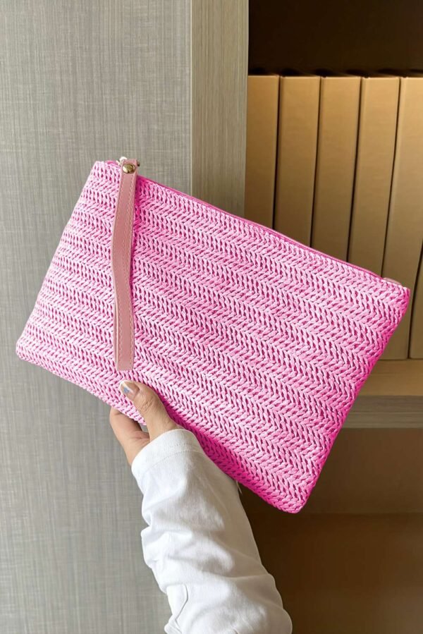 Rose Red Straw Woven Wrist Strap Zipper Large Wallet