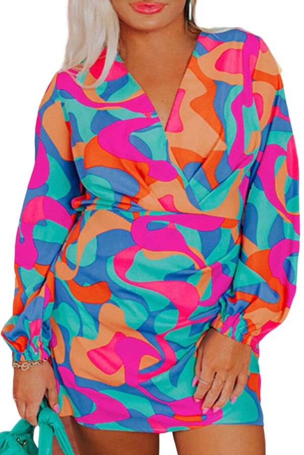 Multicolor Plus Size Abstract Print Pleated Surplice Long Sleeve Dress