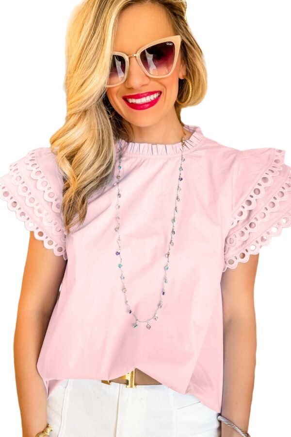 Light Pink Layered Ric Rac Cap Sleeve Frilled Neck Blouse