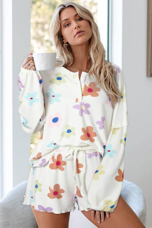 White Floral Long Sleeve Henley Top and Drawstring Shorts Set