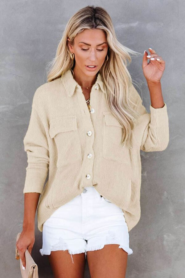 Beige Pocketed Button Ribbed Textured Shacket