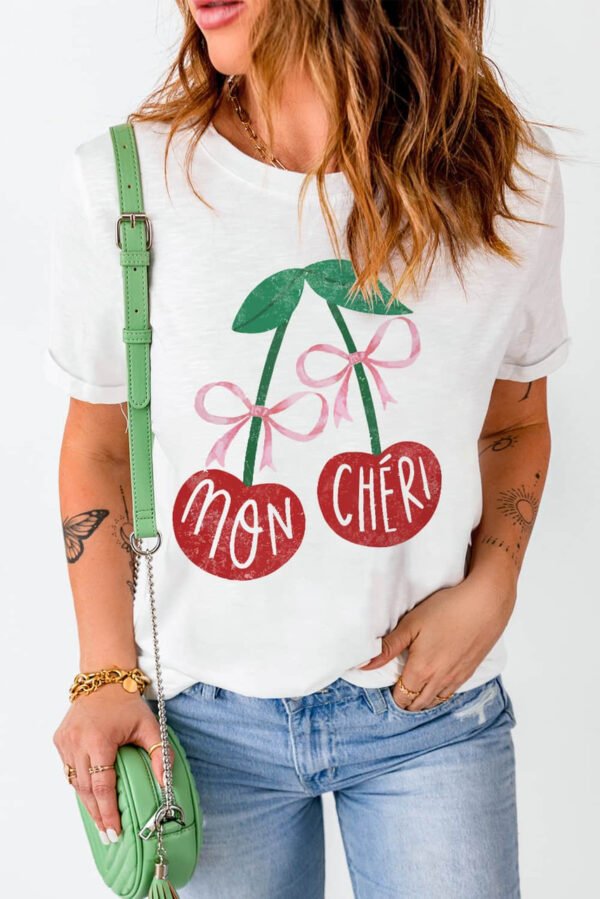 White MON CHERI Cherry Graphic Crewneck T shirt