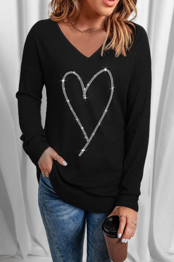 Black Rhinestone Heart Shaped V Neck Long Sleeve Top