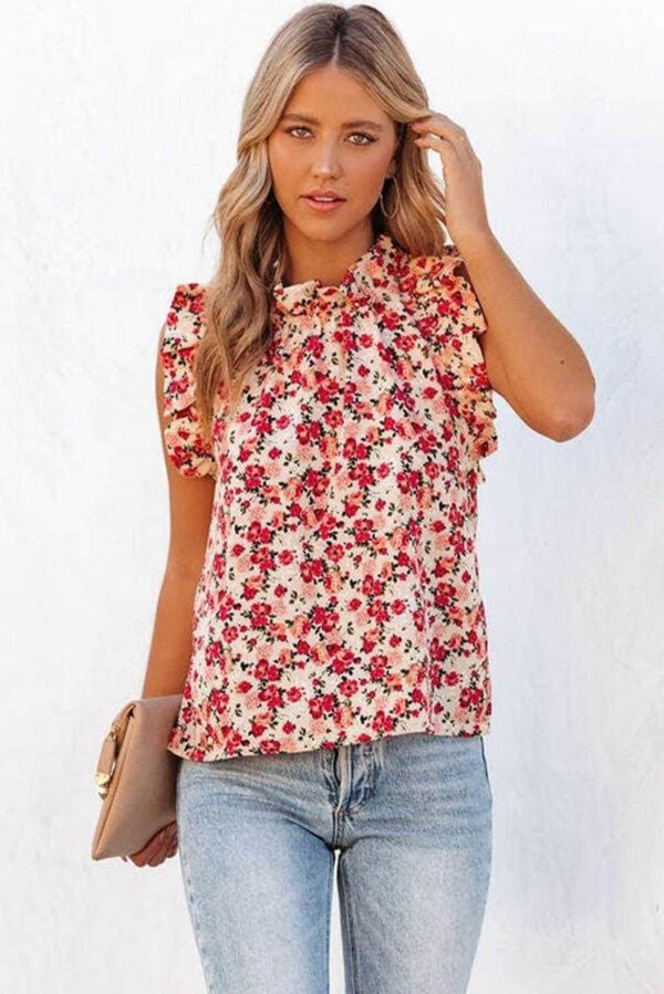 Red Floral Print Ruffled Mock Neck Sleeveless Top