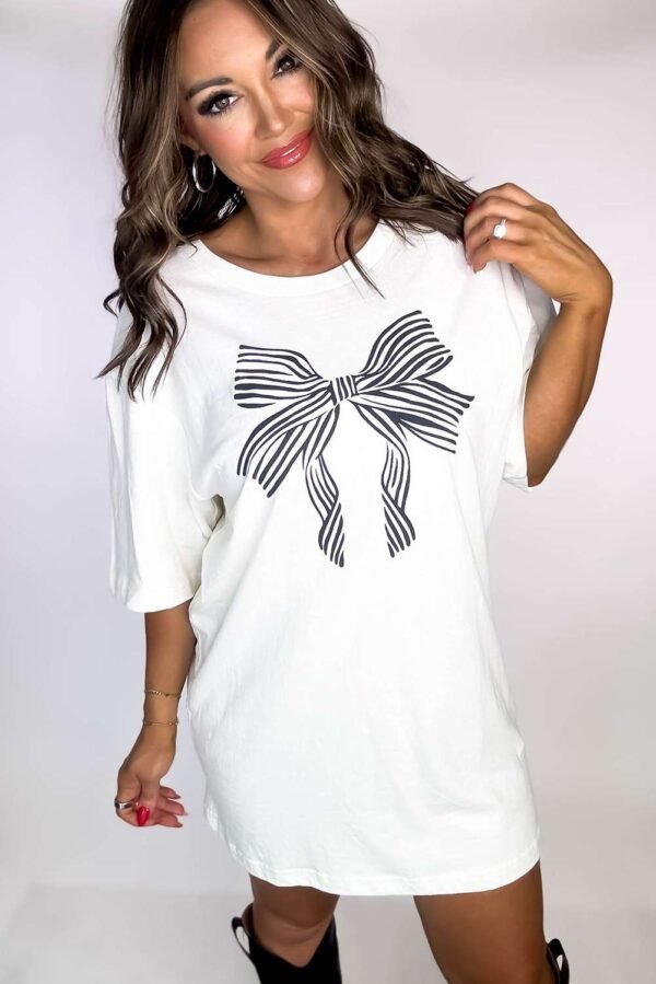 White Striped Bow Knot Half Sleeve Tunic T Shirt