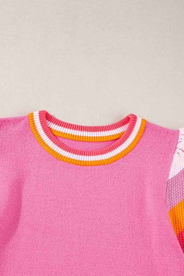 Bright Pink Contrast Flutter Sleeves Knitted Sweater T Shirt