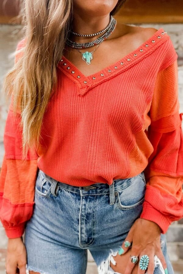 Red Studded V Neckline Exposed Seam Textured Knit Top