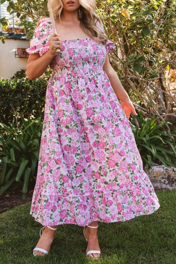 Pink Plus Size Floral Print Smocked Puff Sleeve Dress