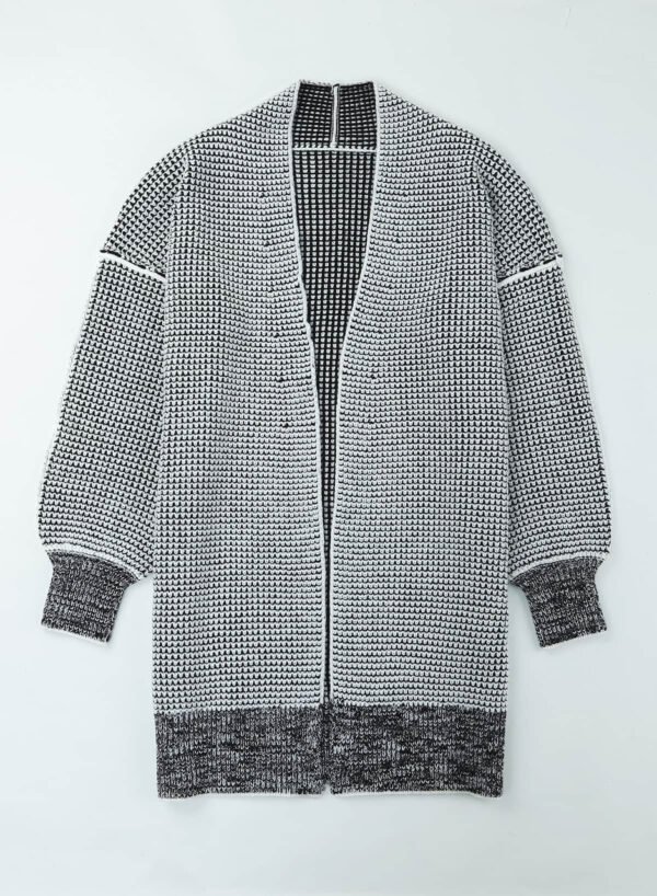 Gray Plaid Knitted Long Open Front Cardigan