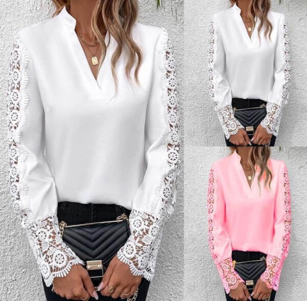 Solid Color Lace V-neck Cardigan Women’s Clothes Shirt