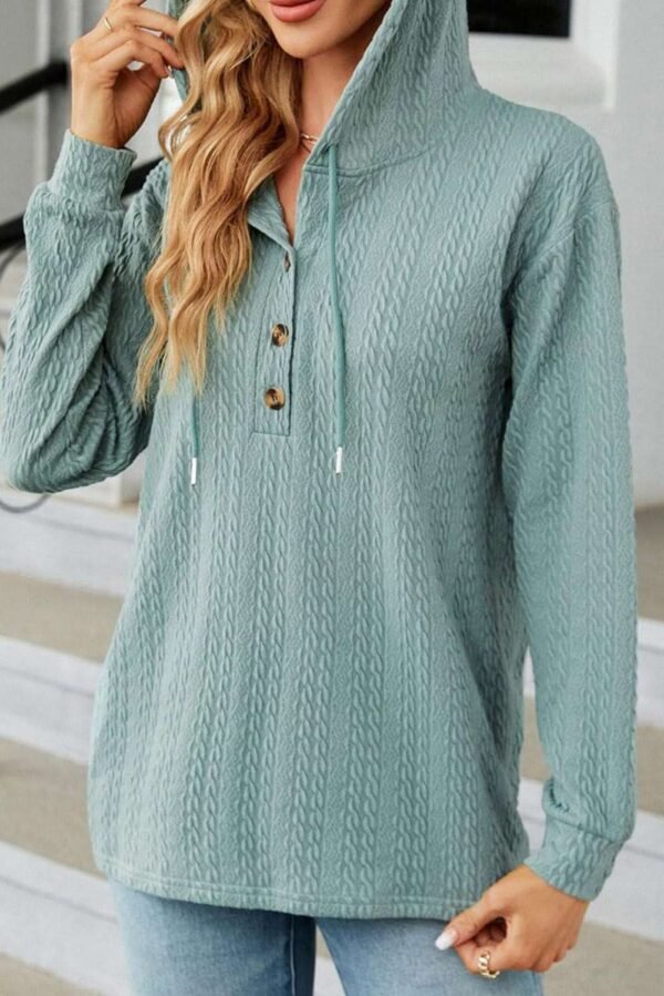 Mint Green Button Front Textured Drawstring Hooded Long Sleeve Top