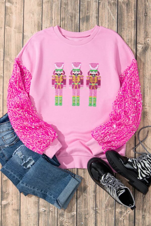 Pink Christmas Nutcracker Graphic Sequin Sleeve Sweatshirt