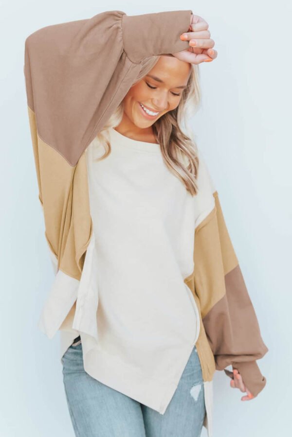 Khaki Color Block Sleeve Patchwork Oversized Sweatshirt