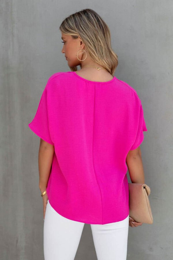 Rose Solid V Neck Short Sleeve Blouse