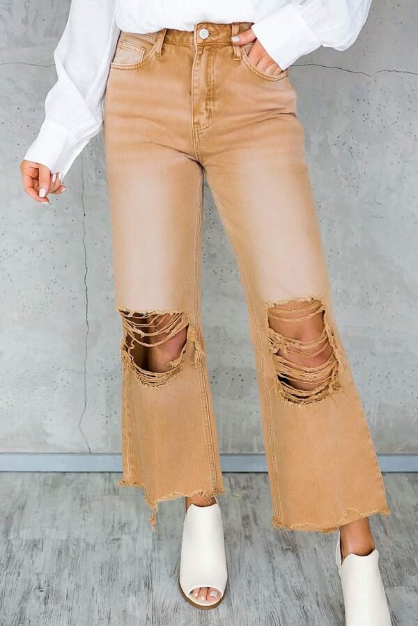 Brown Distressed Hollow-out High Waist Cropped Flare Jeans