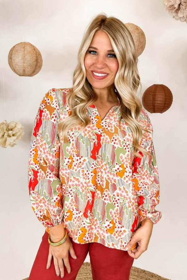 Orange Printed Floral Abstract Print Frilled V Neck Plus Size Blouse