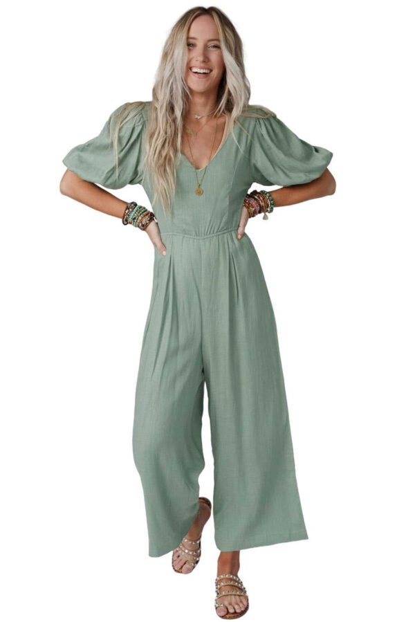 Green V Neck Puff Sleeve Hollow out Wide Leg Jumpsuit