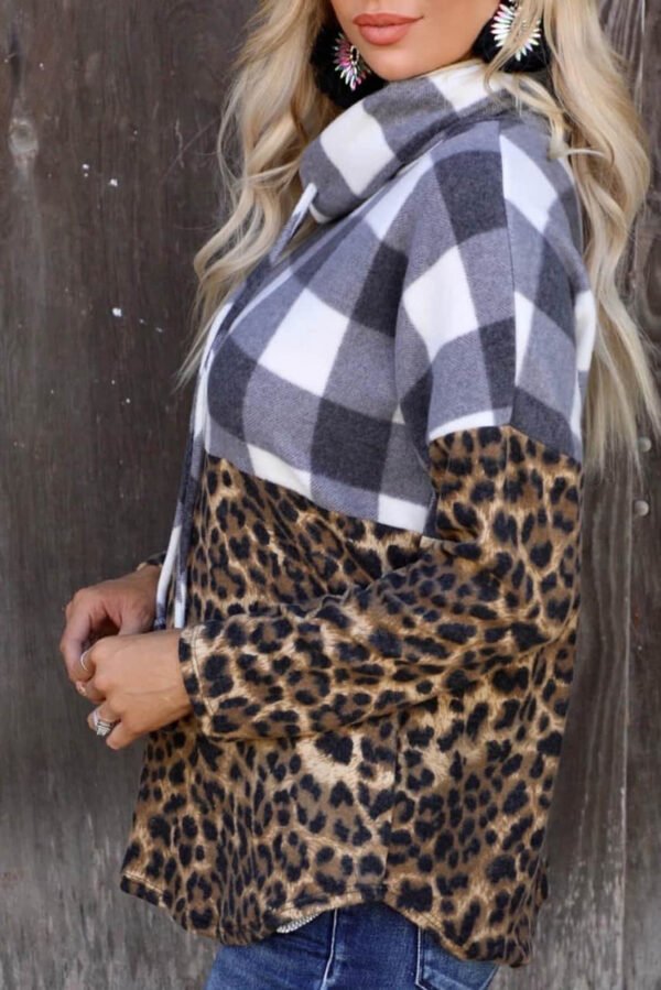 Leopard Leopard Plaid Patchwork Cowl Neck Sweatshirt