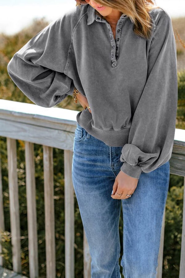 Gray Washed Snap Buttons Lantern Sleeve Pullover Sweatshirt