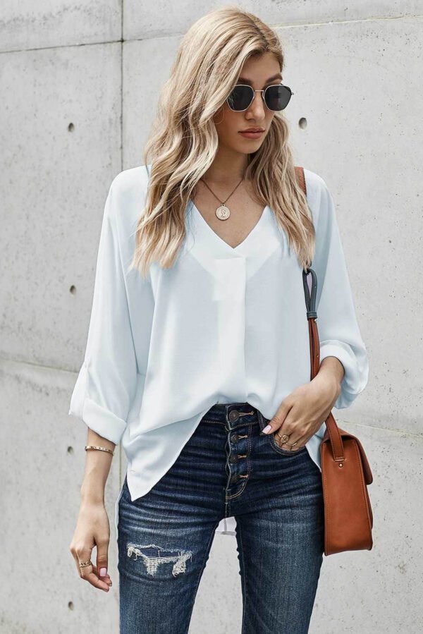 V Neck 3/4 Sleeve High Low Hem Shirt