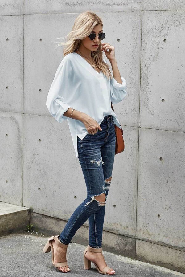 V Neck 3/4 Sleeve High Low Hem Shirt