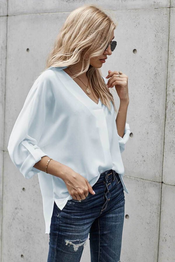 V Neck 3/4 Sleeve High Low Hem Shirt