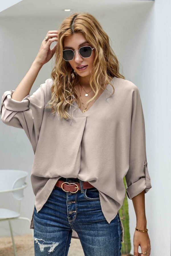 V Neck 3/4 Sleeve High Low Hem Shirt