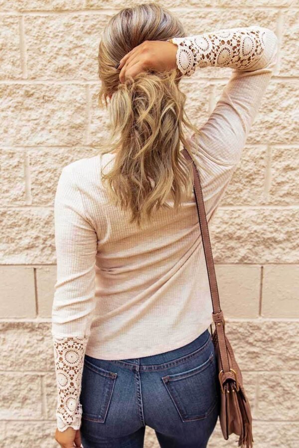 Beige Crochet Lace Hem Sleeve Button Top