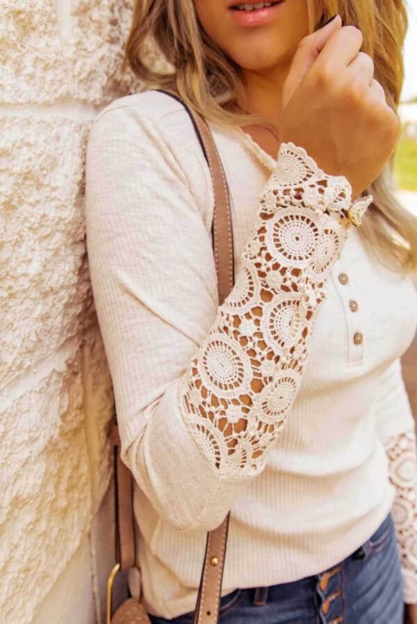 Beige Crochet Lace Hem Sleeve Button Top